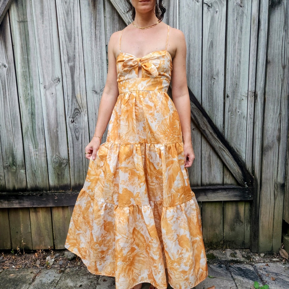 AQUA Tropical Maxi Dress Womens XS Amber Colored Tiered Tie-Front Smocked Boho